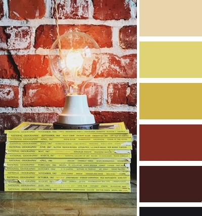 Бледный желтый, который в палитре этого цвета можно назвать холодным и глубокий красный с элементами черного - колоритное, контрастное по светлоте сочетание, которое выглядит по сравнению со всеми красно-желтыми палитрами строго и чинно.